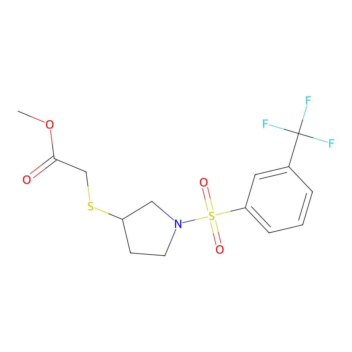Methyl 2-((1-((3-(trifluoromethyl)phenyl)sulfonyl)pyrrolidin-3-yl)thio)acetate molecular structure, CAS 2034607-48-0