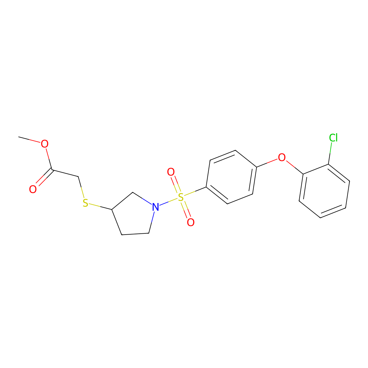 Methyl 2-((1-((4-(2-chlorophenoxy)phenyl)sulfonyl)pyrrolidin-3-yl)thio)acetate molecular structure, CAS 2034607-58-2