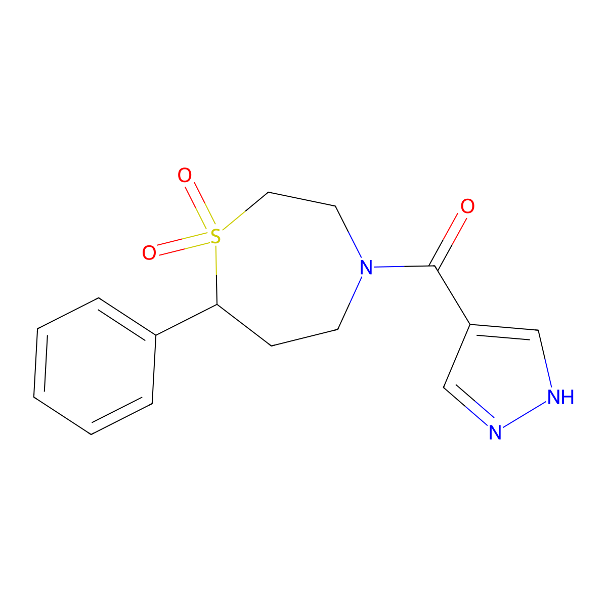 (1,1-dioxido-7-phenyl-1,4-thiazepan-4-yl)(1H-pyrazol-4-yl)methanone molecular structure, CAS 2034607-70-8