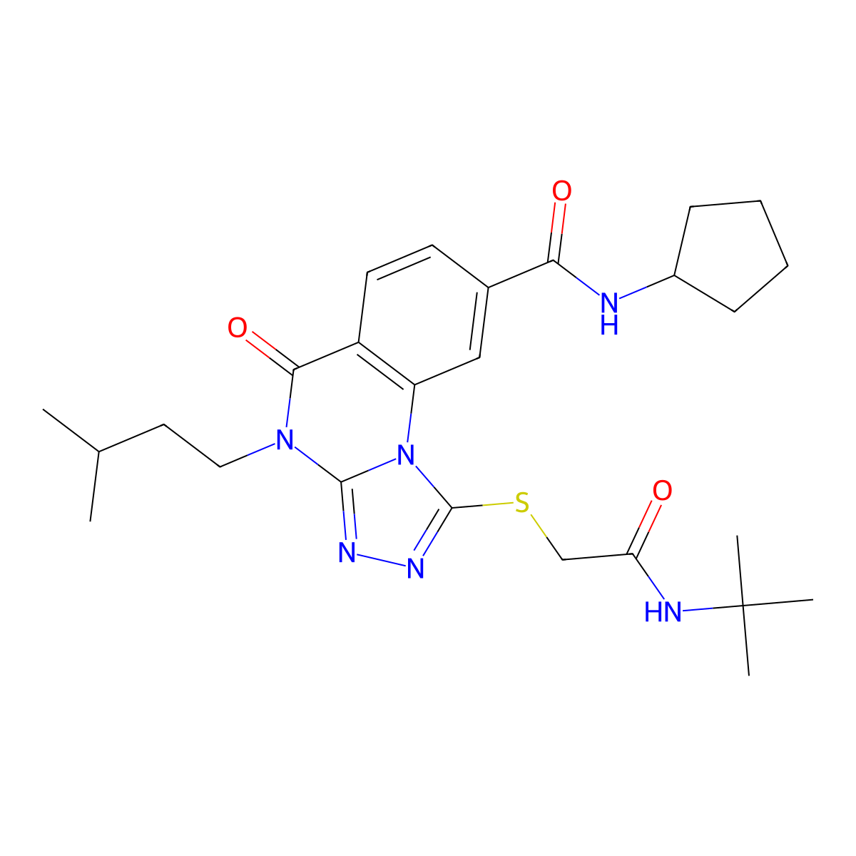1-((2-(tert-butylamino)-2-oxoethyl)thio)-N-cyclopentyl-4-isopentyl-5-oxo-4,5-dihydro-[1,2,4]triazolo[4,3-a]quinazoline-8-carboxamide molecular structure, CAS 2034607-83-3