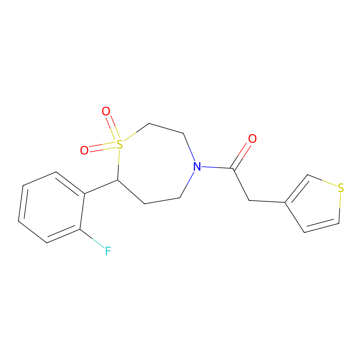1-(7-(2-Fluorophenyl)-1,1-dioxido-1,4-thiazepan-4-yl)-2-(thiophen-3-yl)ethanone molecular structure, CAS 2034607-85-5