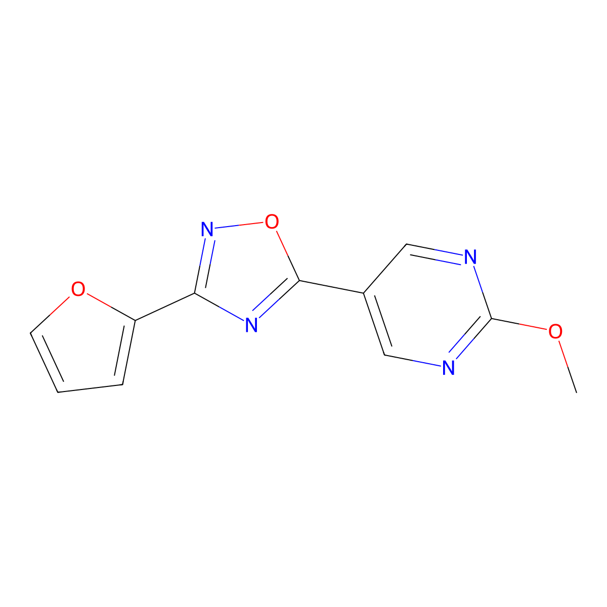 3-(Furan-2-yl)-5-(2-methoxypyrimidin-5-yl)-1,2,4-oxadiazole molecular structure, CAS 2034607-86-6