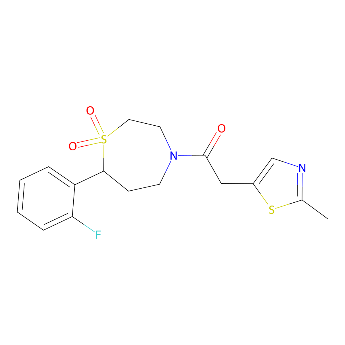 1-(7-(2-Fluorophenyl)-1,1-dioxido-1,4-thiazepan-4-yl)-2-(2-methylthiazol-5-yl)ethanone molecular structure, CAS 2034607-98-0