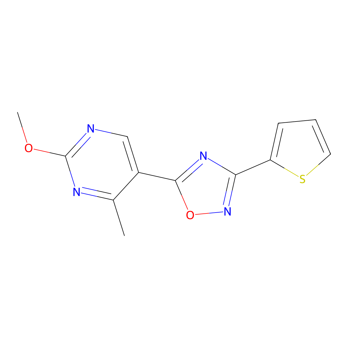 5-(2-Methoxy-4-methylpyrimidin-5-yl)-3-(thiophen-2-yl)-1,2,4-oxadiazole molecular structure, CAS 2034608-06-3