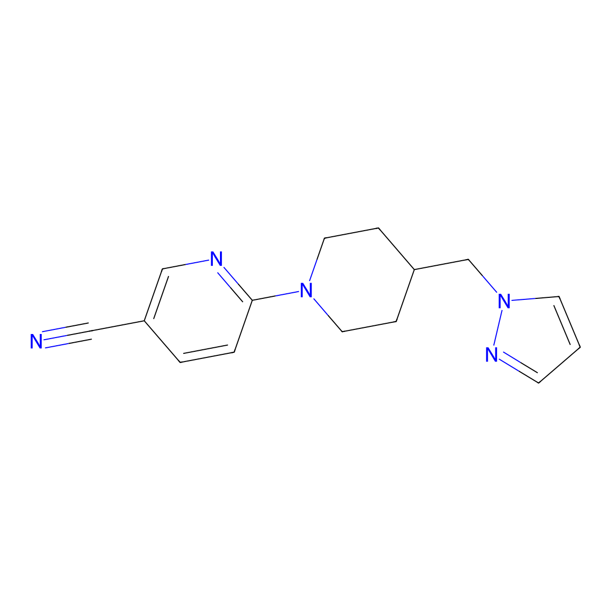 6-(4-((1H-pyrazol-1-yl)methyl)piperidin-1-yl)nicotinonitrile molecular structure, CAS 2034608-11-0