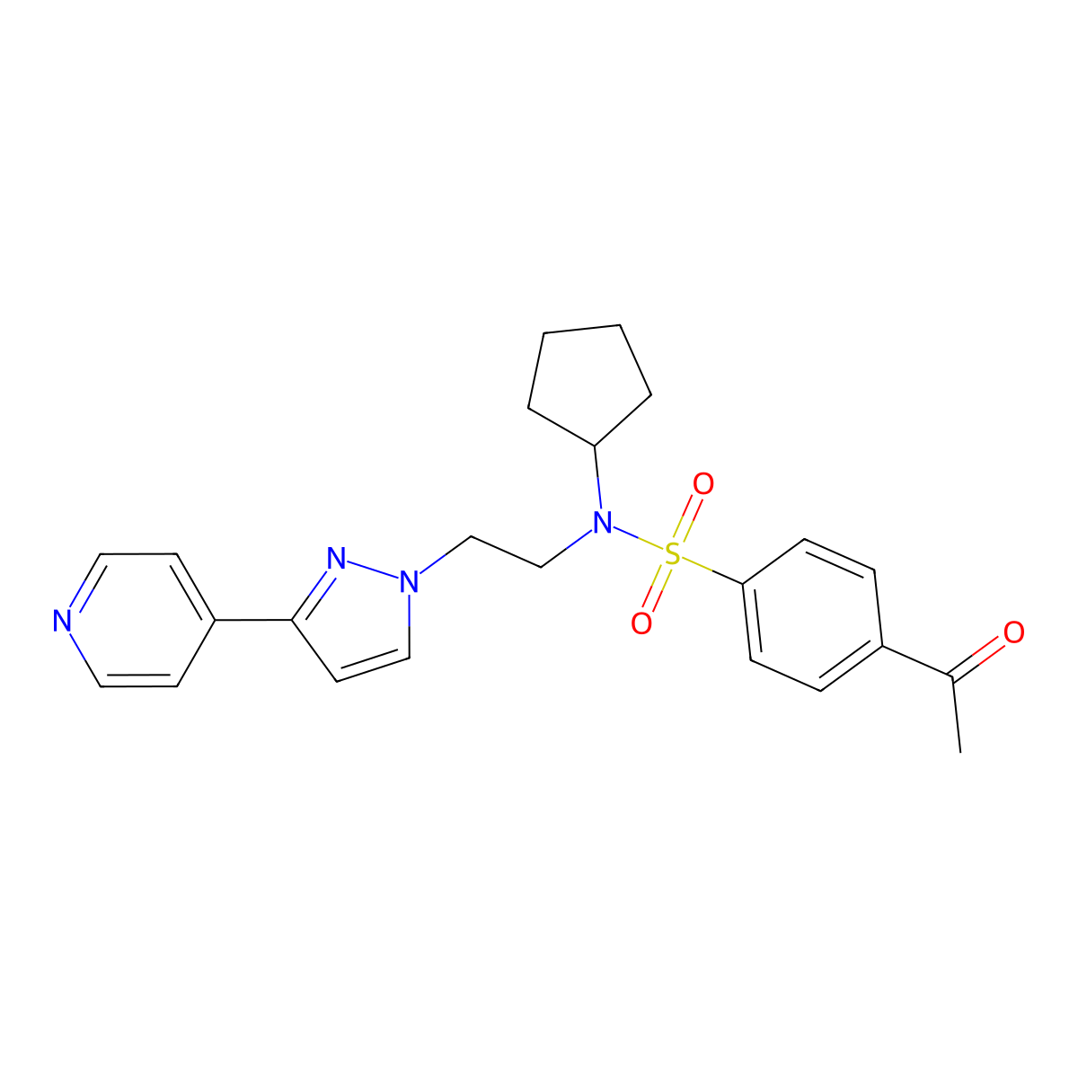 4-acetyl-N-cyclopentyl-N-(2-(3-(pyridin-4-yl)-1H-pyrazol-1-yl)ethyl)benzenesulfonamide molecular structure, CAS 2034608-18-7