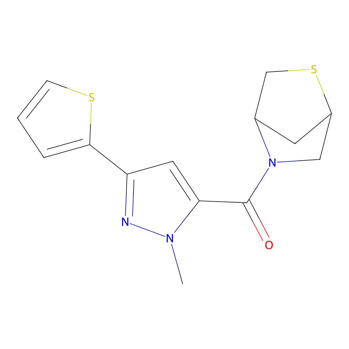 2-thia-5-azabicyclo[2.2.1]heptan-5-yl(1-methyl-3-(thiophen-2-yl)-1H-pyrazol-5-yl)methanone molecular structure, CAS 2034608-28-9