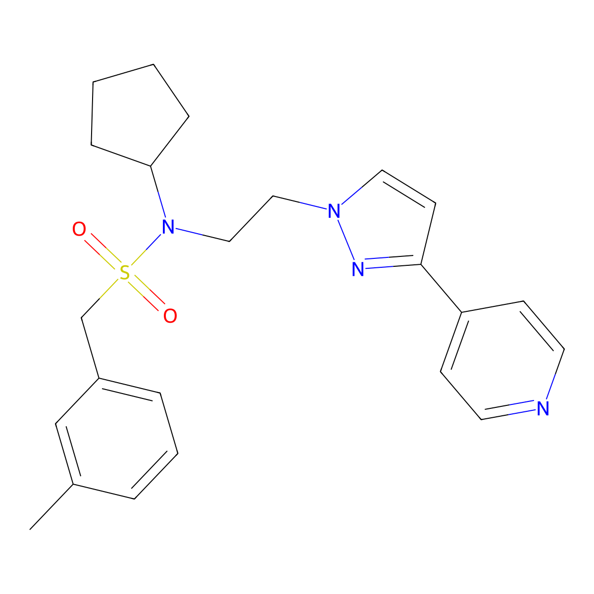 N-cyclopentyl-N-(2-(3-(pyridin-4-yl)-1H-pyrazol-1-yl)ethyl)-1-(m-tolyl)methanesulfonamide molecular structure, CAS 2034608-32-5