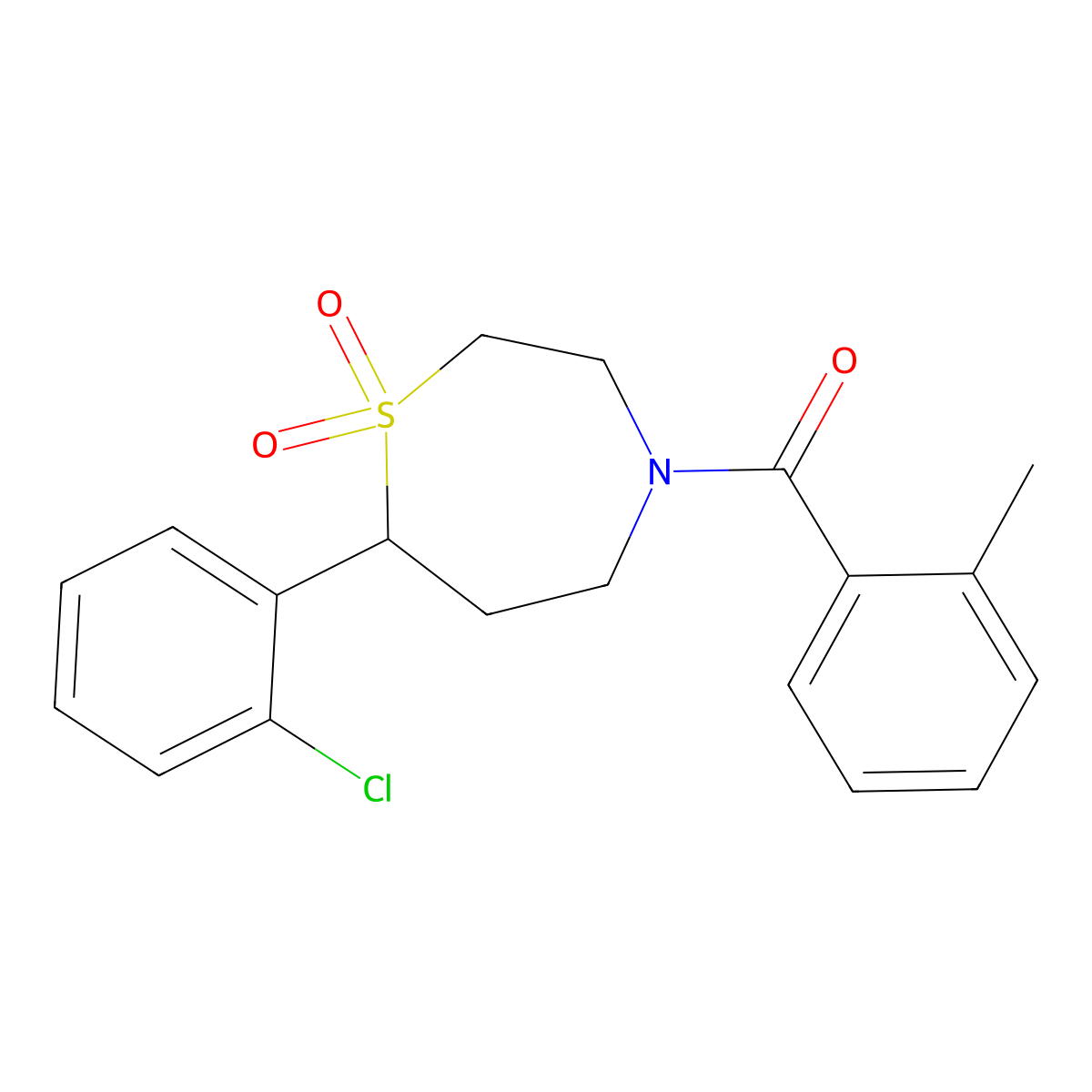 (7-(2-Chlorophenyl)-1,1-dioxido-1,4-thiazepan-4-yl)(o-tolyl)methanone molecular structure, CAS 2034608-53-0