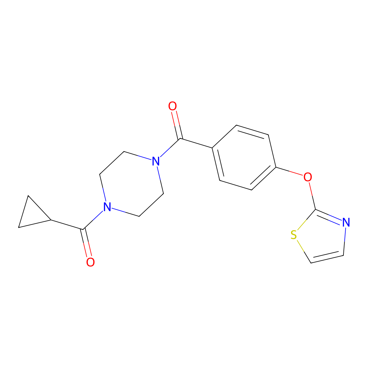 (4-(Cyclopropanecarbonyl)piperazin-1-yl)(4-(thiazol-2-yloxy)phenyl)methanone molecular structure, CAS 2034608-56-3