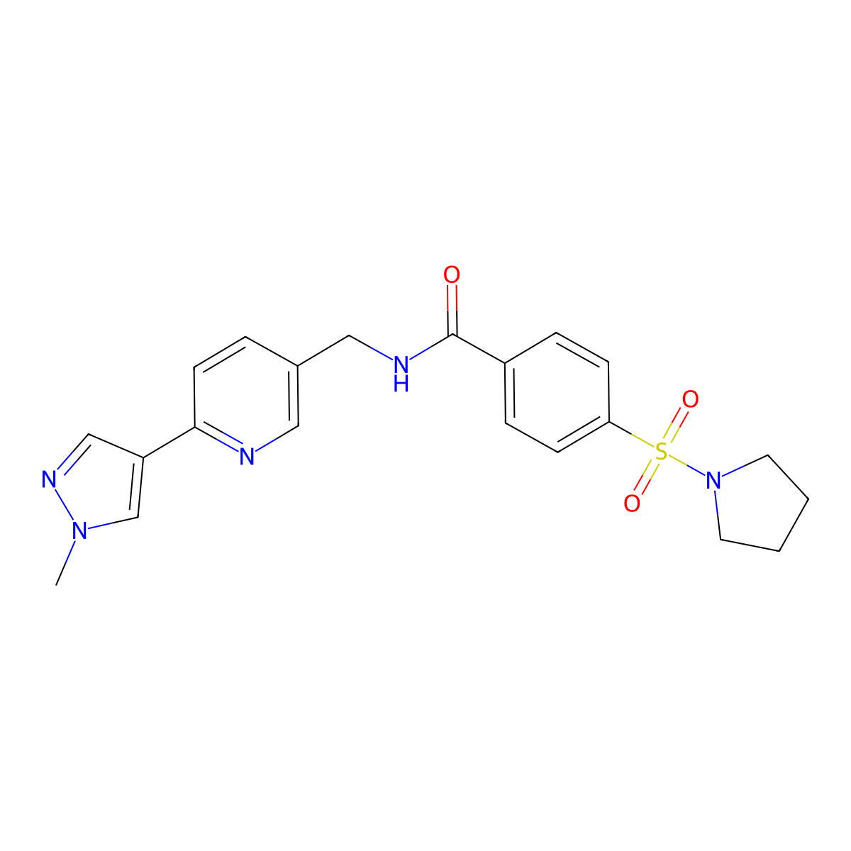 N-((6-(1-methyl-1H-pyrazol-4-yl)pyridin-3-yl)methyl)-4-(pyrrolidin-1-ylsulfonyl)benzamide molecular structure, CAS 2034608-77-8