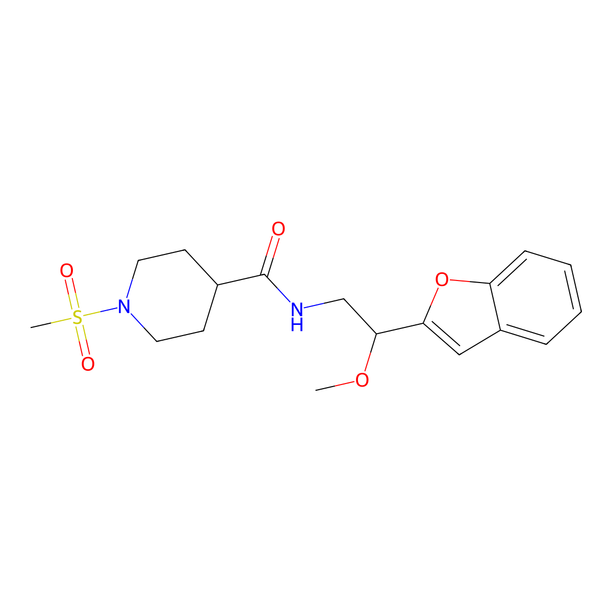 N-(2-(benzofuran-2-yl)-2-methoxyethyl)-1-(methylsulfonyl)piperidine-4-carboxamide molecular structure, CAS 2034608-81-4