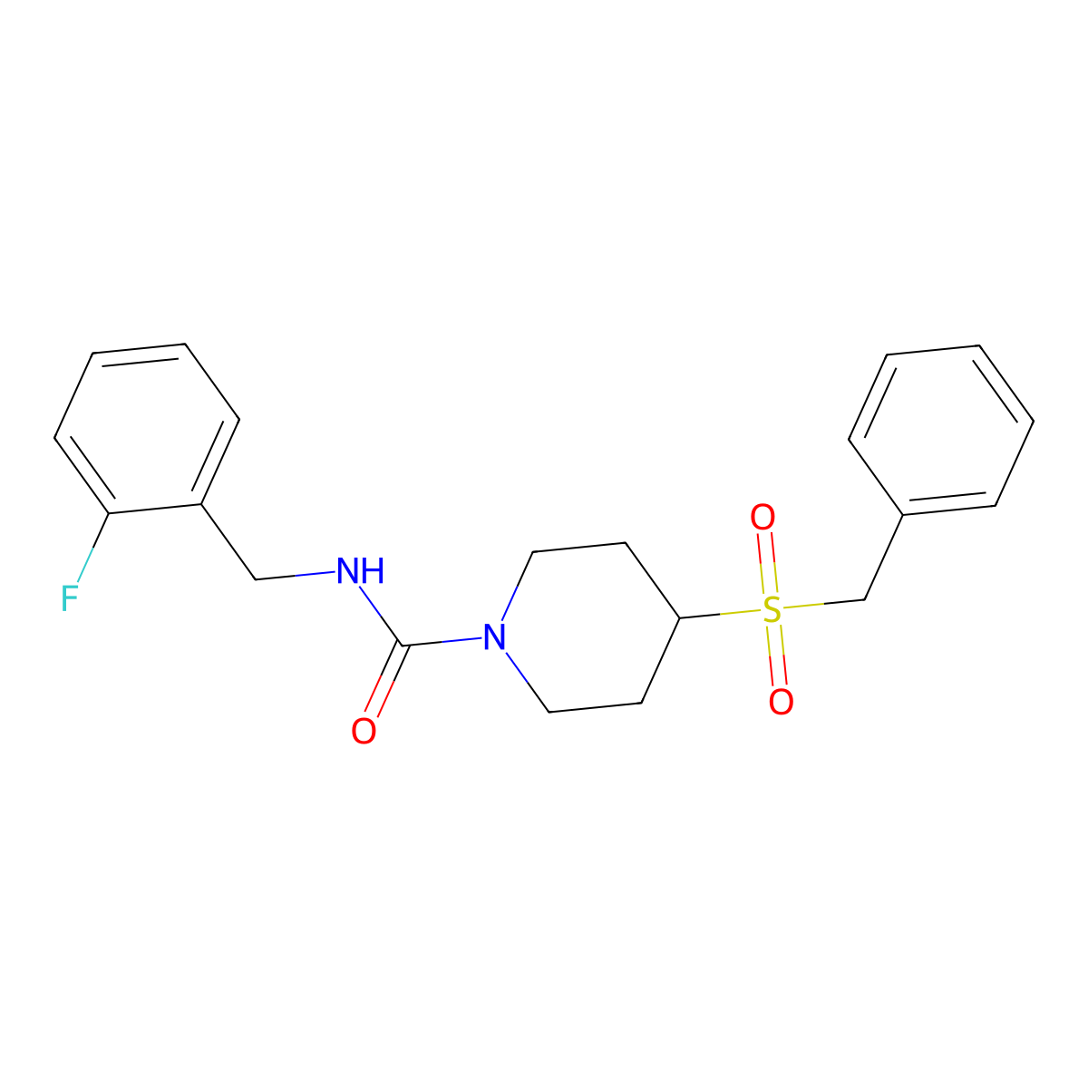 4-(benzylsulfonyl)-N-(2-fluorobenzyl)piperidine-1-carboxamide molecular structure, CAS 2034608-89-2