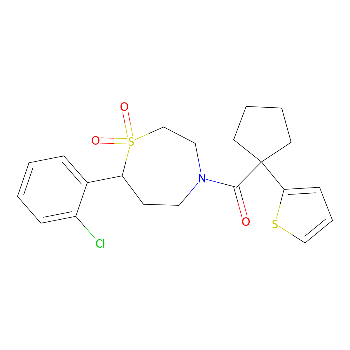 (7-(2-Chlorophenyl)-1,1-dioxido-1,4-thiazepan-4-yl)(1-(thiophen-2-yl)cyclopentyl)methanone molecular structure, CAS 2034608-95-0