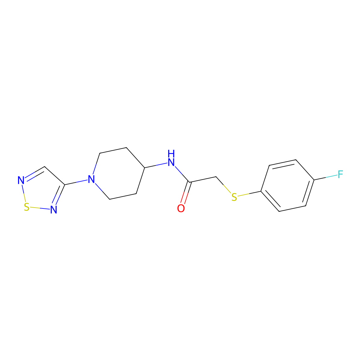 2-[(4-fluorophenyl)sulfanyl]-N-[1-(1,2,5-thiadiazol-3-yl)piperidin-4-yl]acetamide molecular structure, CAS 2034609-02-2