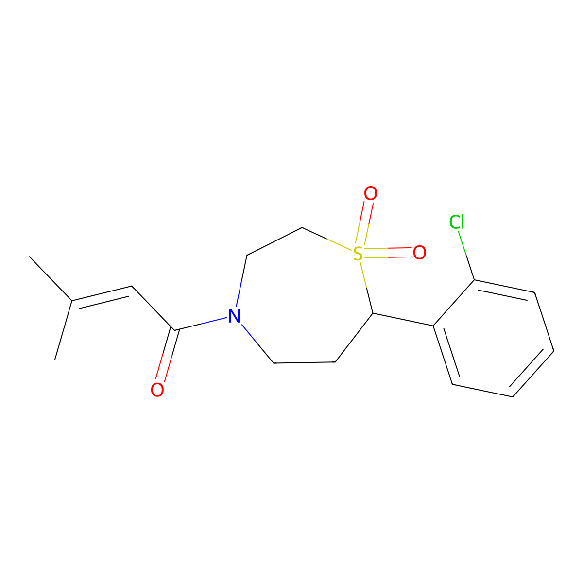 1-(7-(2-Chlorophenyl)-1,1-dioxido-1,4-thiazepan-4-yl)-3-methylbut-2-en-1-one molecular structure, CAS 2034609-11-3