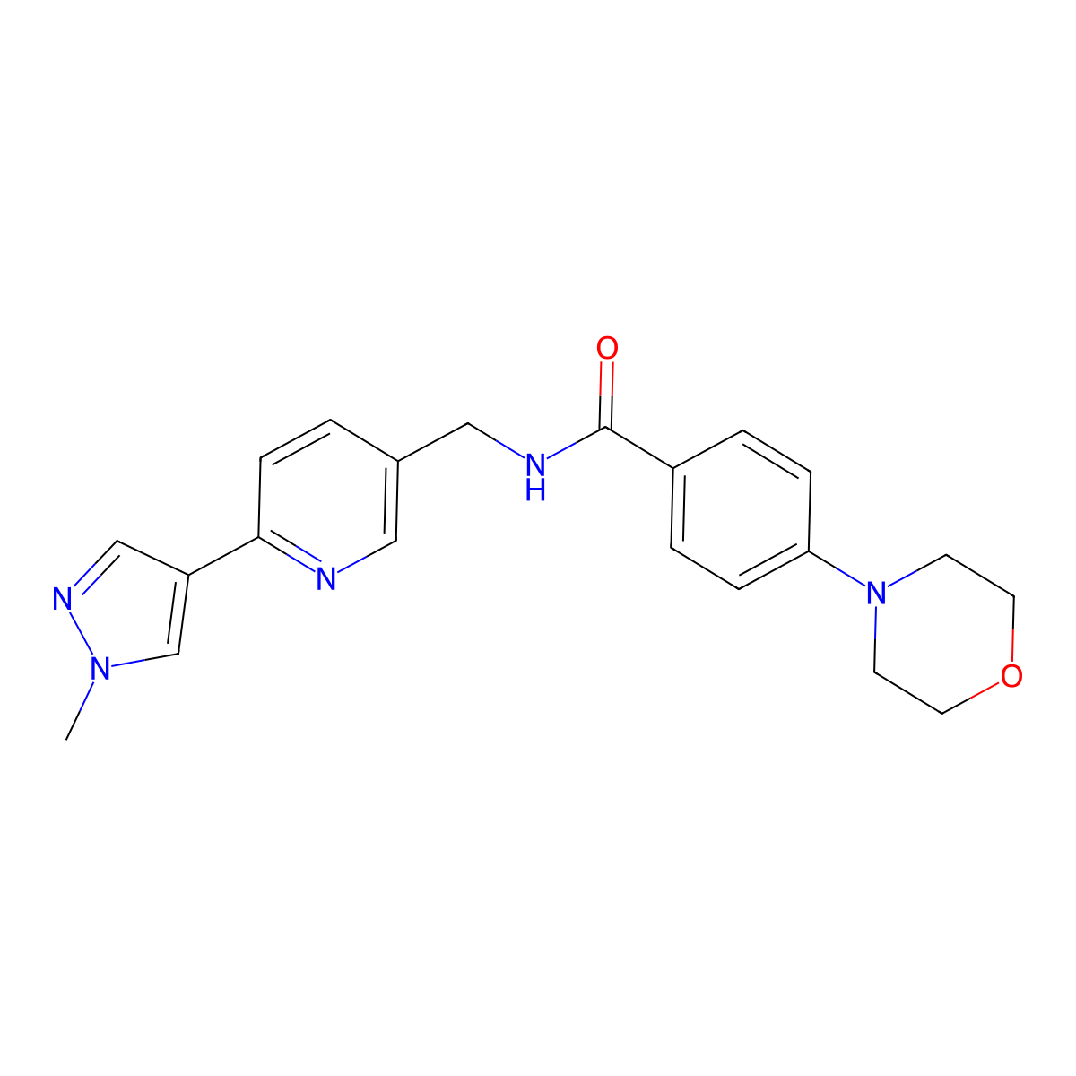 N-((6-(1-methyl-1H-pyrazol-4-yl)pyridin-3-yl)methyl)-4-morpholinobenzamide molecular structure, CAS 2034609-12-4