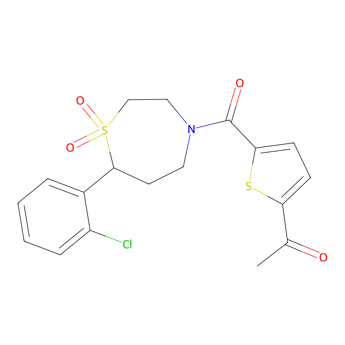 1-(5-(7-(2-Chlorophenyl)-1,1-dioxido-1,4-thiazepane-4-carbonyl)thiophen-2-yl)ethanone molecular structure, CAS 2034609-23-7