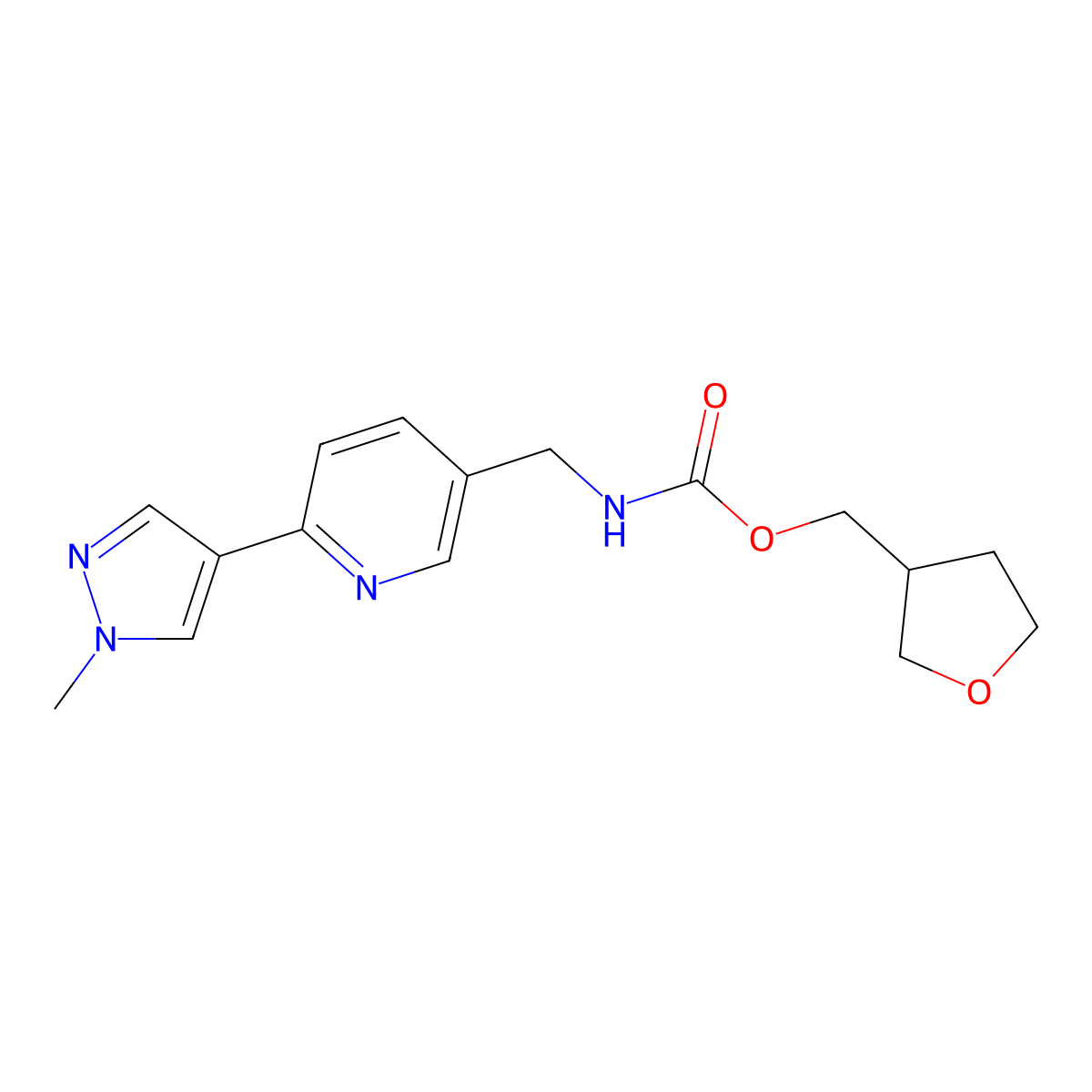 (tetrahydrofuran-3-yl)methyl ((6-(1-methyl-1H-pyrazol-4-yl)pyridin-3-yl)methyl)carbamate molecular structure, CAS 2034609-25-9