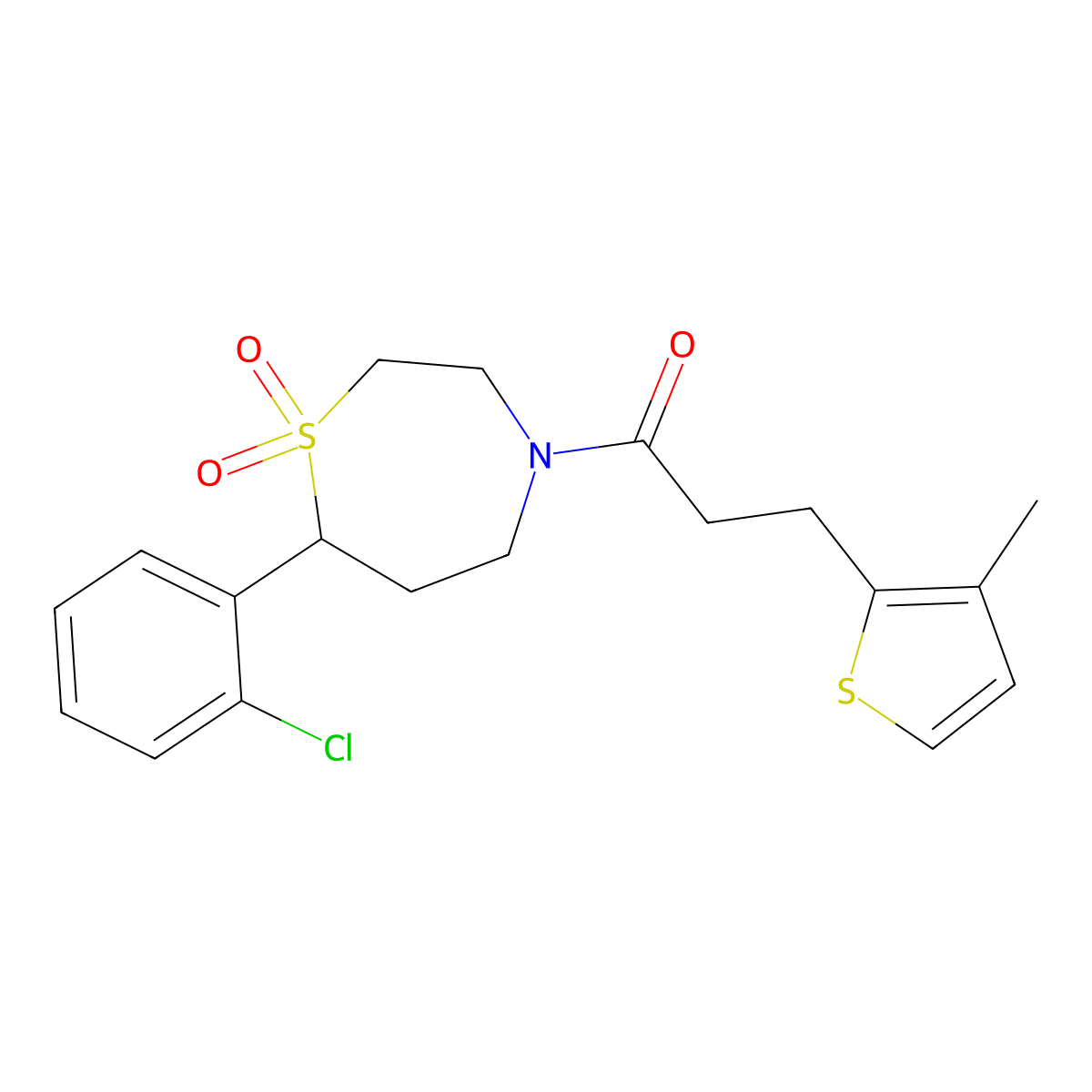 1-(7-(2-Chlorophenyl)-1,1-dioxido-1,4-thiazepan-4-yl)-3-(3-methylthiophen-2-yl)propan-1-one molecular structure, CAS 2034609-30-6