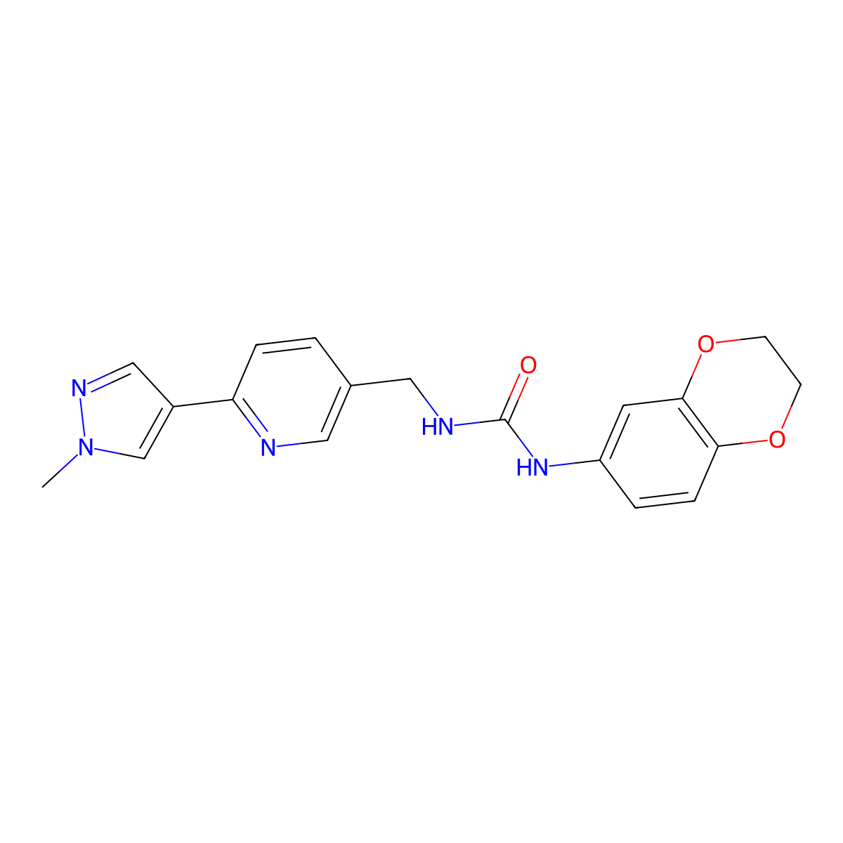 1-(2,3-dihydrobenzo[b][1,4]dioxin-6-yl)-3-((6-(1-methyl-1H-pyrazol-4-yl)pyridin-3-yl)methyl)urea molecular structure, CAS 2034609-34-0