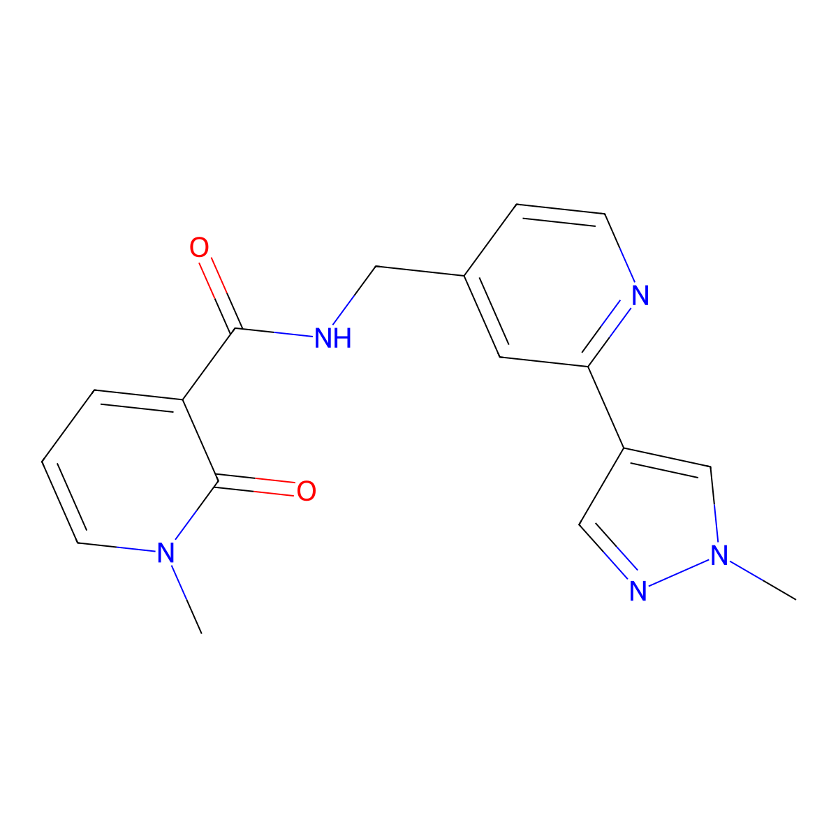 1-methyl-N-((2-(1-methyl-1H-pyrazol-4-yl)pyridin-4-yl)methyl)-2-oxo-1,2-dihydropyridine-3-carboxamide molecular structure, CAS 2034609-42-0