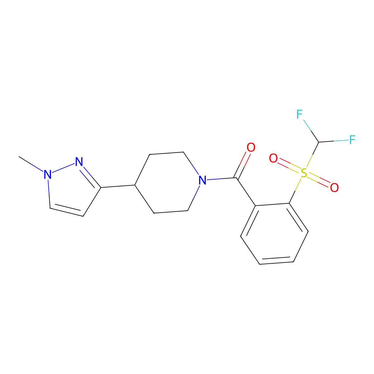 (2-((difluoromethyl)sulfonyl)phenyl)(4-(1-methyl-1H-pyrazol-3-yl)piperidin-1-yl)methanone molecular structure, CAS 2034609-50-0