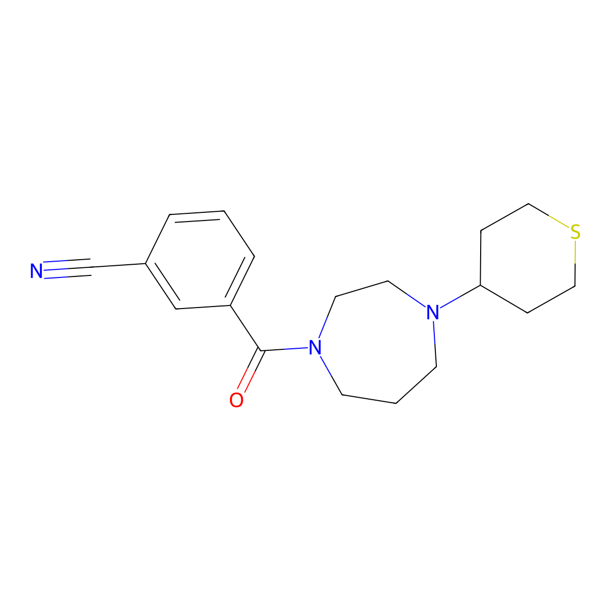 3-[4-(Thian-4-yl)-1,4-diazepane-1-carbonyl]benzonitrile molecular structure, CAS 2034609-53-3