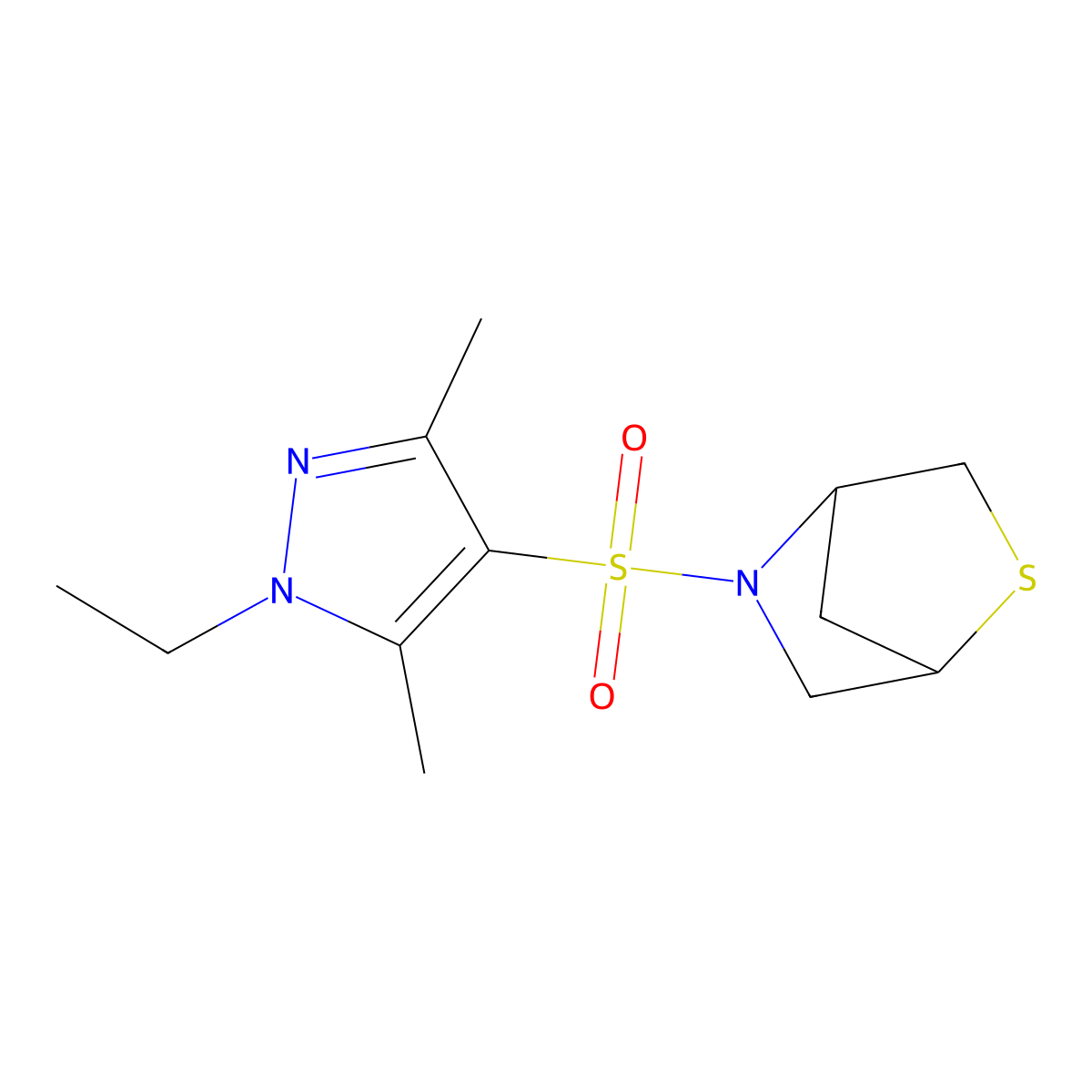 5-[(1-ethyl-3,5-dimethyl-1H-pyrazol-4-yl)sulfonyl]-2-thia-5-azabicyclo[2.2.1]heptane molecular structure, CAS 2034609-60-2