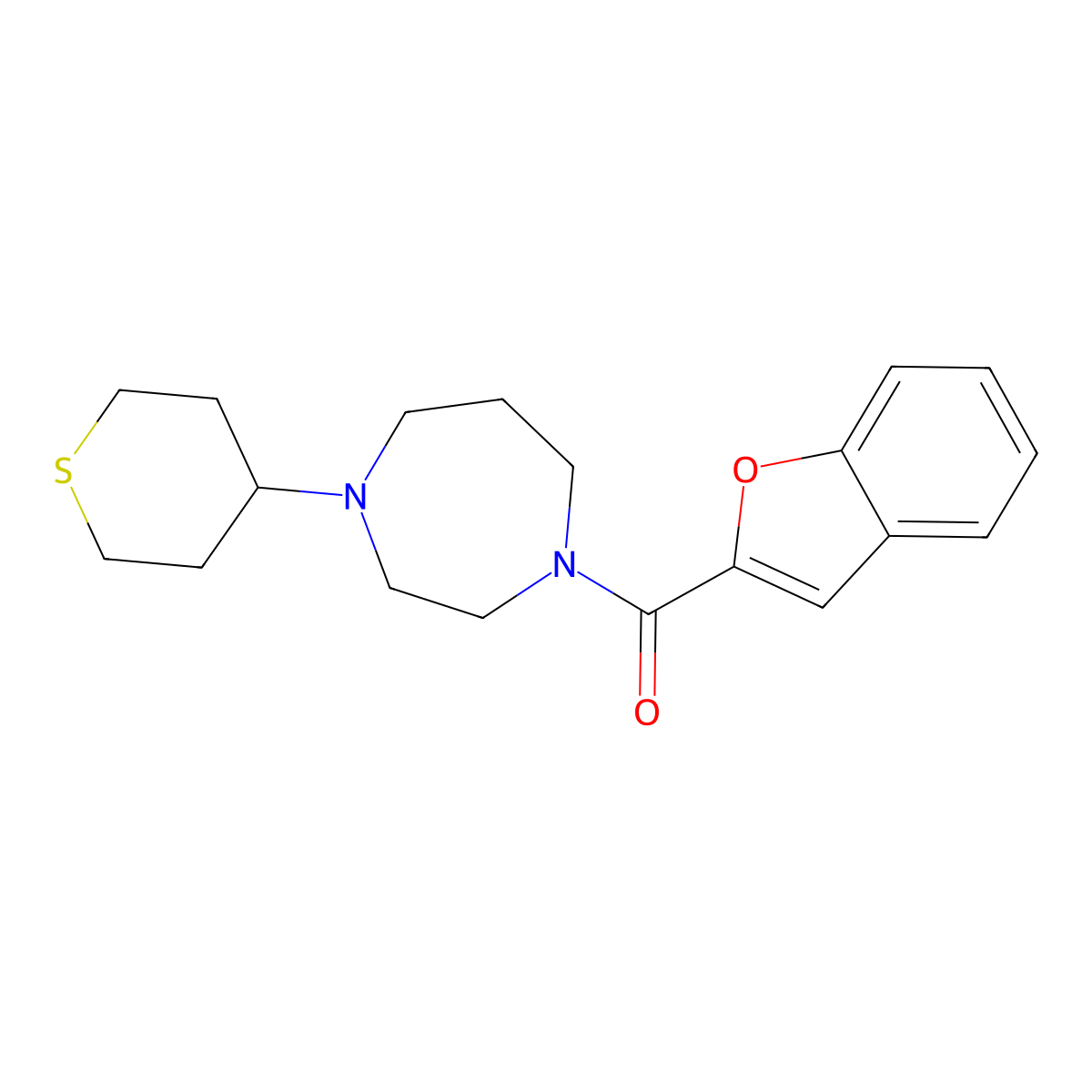 benzofuran-2-yl(4-(tetrahydro-2H-thiopyran-4-yl)-1,4-diazepan-1-yl)methanone molecular structure, CAS 2034609-61-3