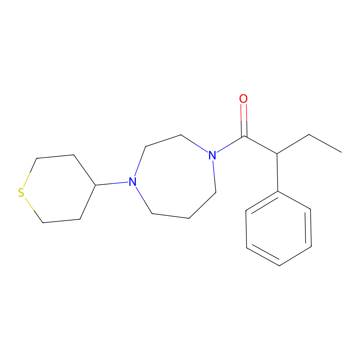 2-phenyl-1-(4-(tetrahydro-2H-thiopyran-4-yl)-1,4-diazepan-1-yl)butan-1-one molecular structure, CAS 2034609-67-9