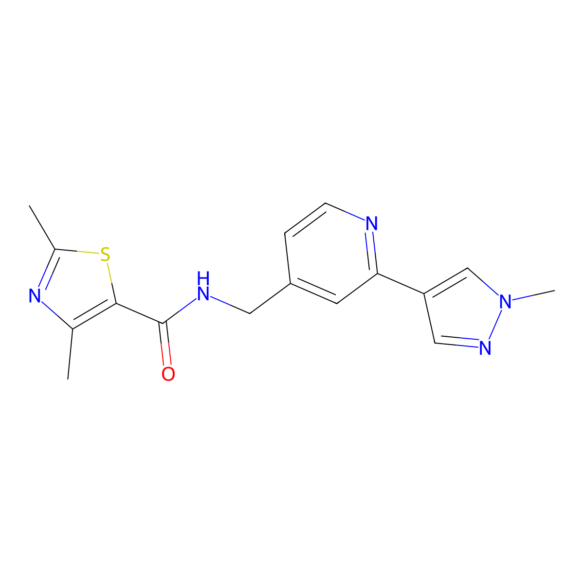 2,4-dimethyl-N-((2-(1-methyl-1H-pyrazol-4-yl)pyridin-4-yl)methyl)thiazole-5-carboxamide molecular structure, CAS 2034609-70-4