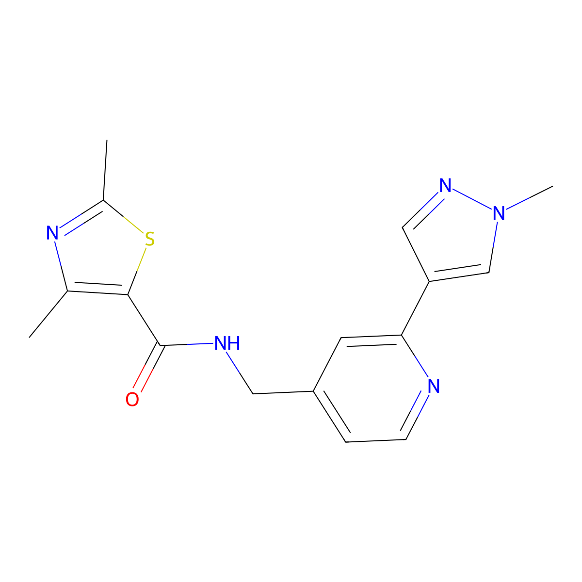 2,4-dimethyl-N-((2-(1-methyl-1H-pyrazol-4-yl)pyridin-4-yl)methyl)thiazole-5-carboxamide molecular structure, CAS 2034609-70-4