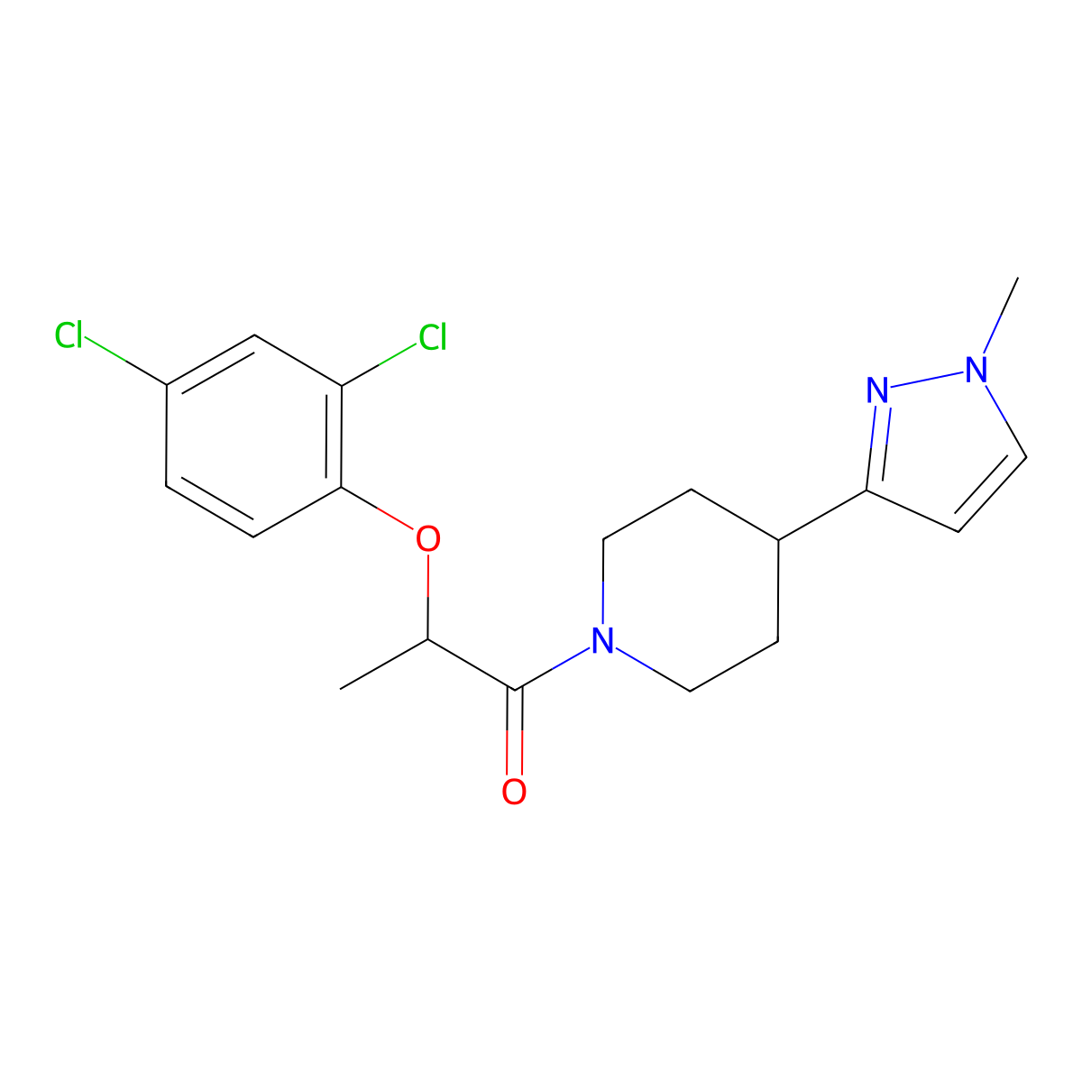 2-(2,4-dichlorophenoxy)-1-(4-(1-methyl-1H-pyrazol-3-yl)piperidin-1-yl)propan-1-one molecular structure, CAS 2034609-73-7