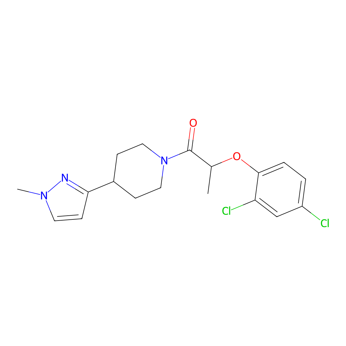 2-(2,4-dichlorophenoxy)-1-(4-(1-methyl-1H-pyrazol-3-yl)piperidin-1-yl)propan-1-one molecular structure, CAS 2034609-73-7