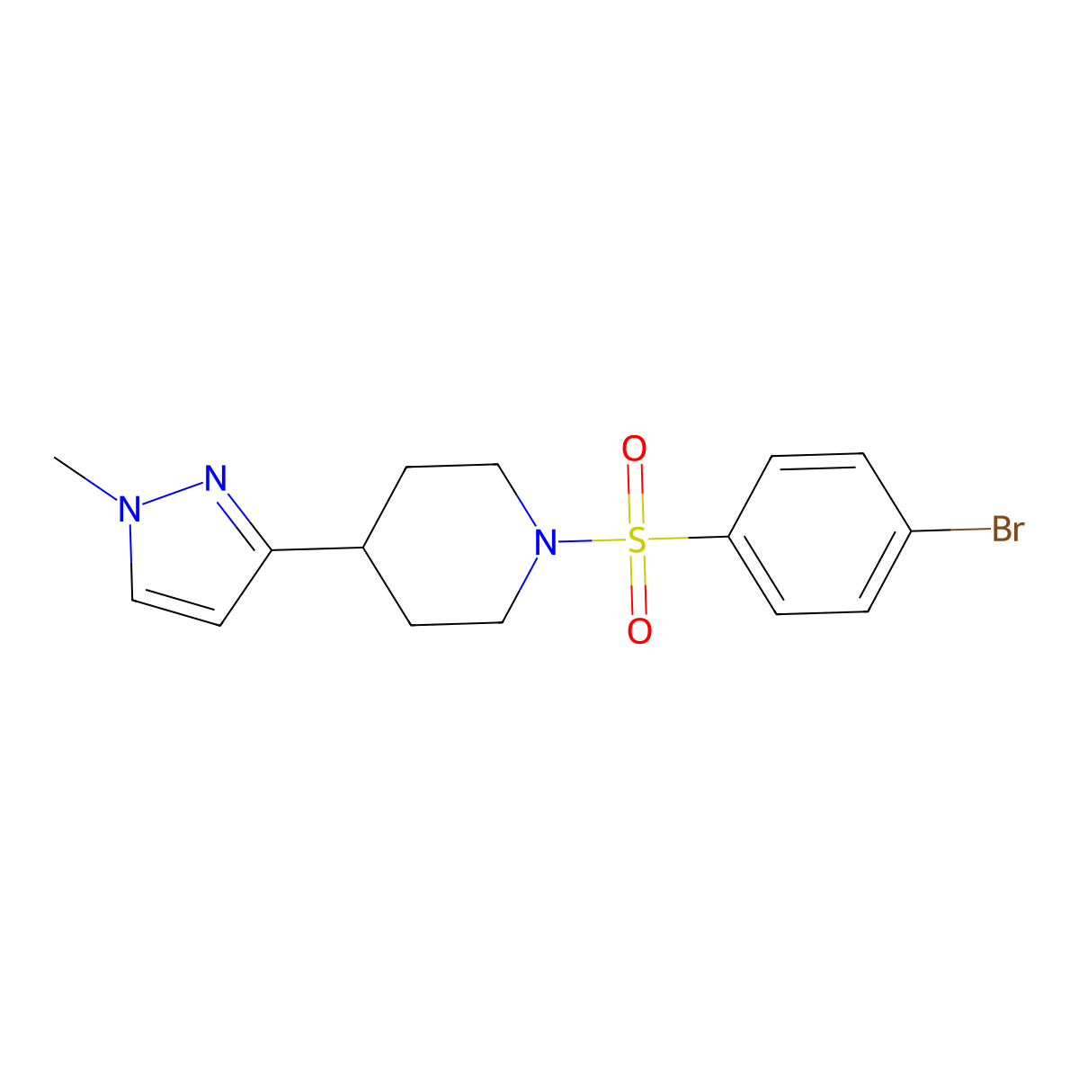 1-((4-bromophenyl)sulfonyl)-4-(1-methyl-1H-pyrazol-3-yl)piperidine molecular structure, CAS 2034609-79-3