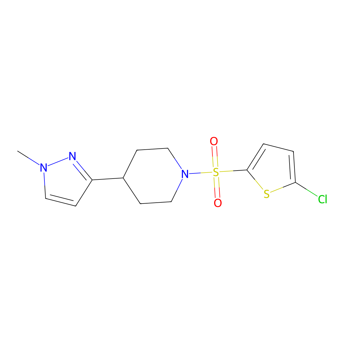 1-((5-chlorothiophen-2-yl)sulfonyl)-4-(1-methyl-1H-pyrazol-3-yl)piperidine molecular structure, CAS 2034609-83-9