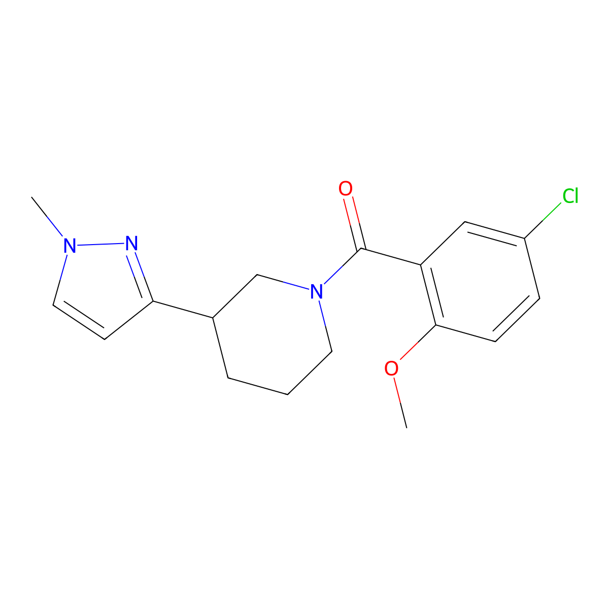 (5-chloro-2-methoxyphenyl)(3-(1-methyl-1H-pyrazol-3-yl)piperidin-1-yl)methanone molecular structure, CAS 2034609-84-0