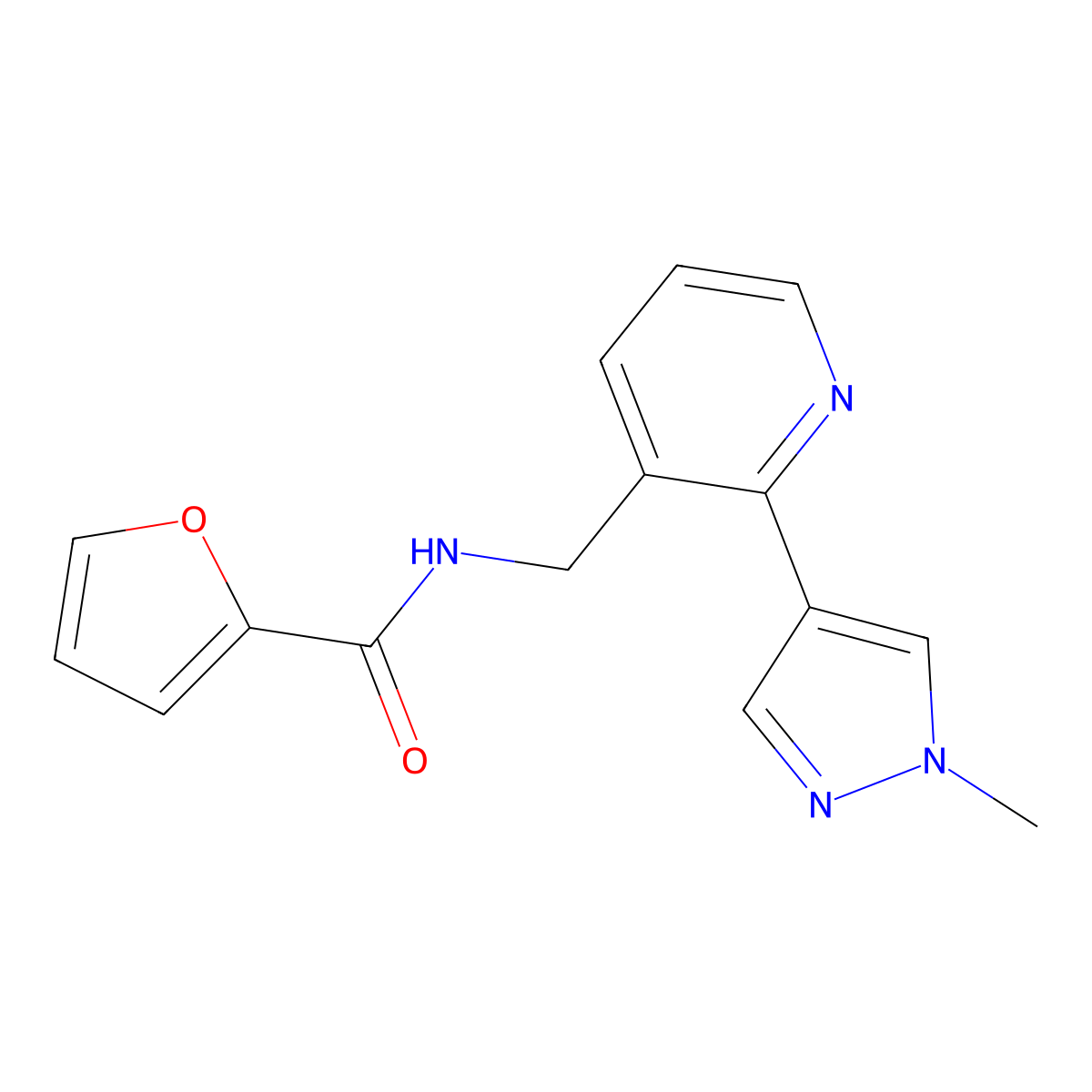 N-((2-(1-methyl-1H-pyrazol-4-yl)pyridin-3-yl)methyl)furan-2-carboxamide molecular structure, CAS 2034609-99-7