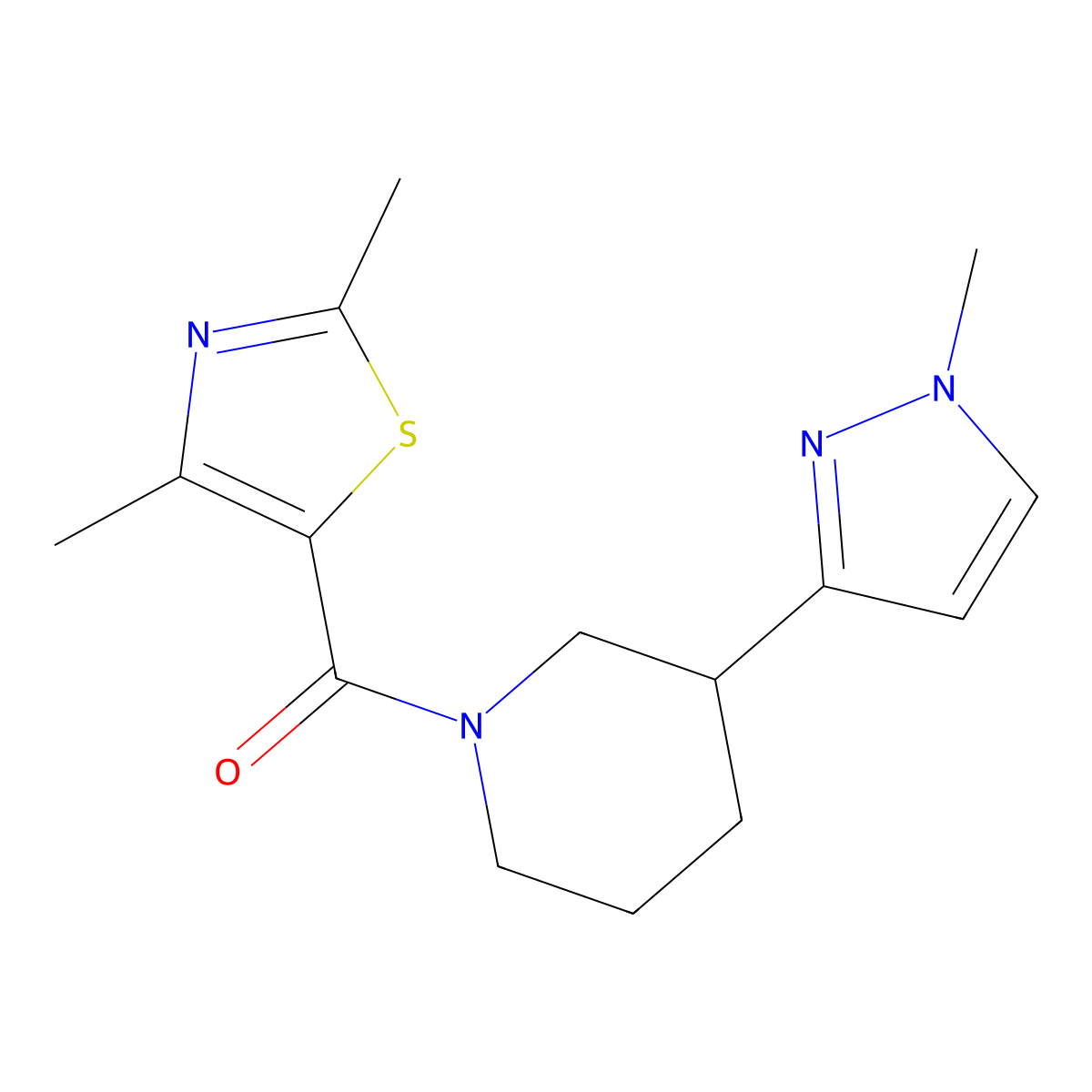 (2,4-dimethylthiazol-5-yl)(3-(1-methyl-1H-pyrazol-3-yl)piperidin-1-yl)methanone molecular structure, CAS 2034610-09-6