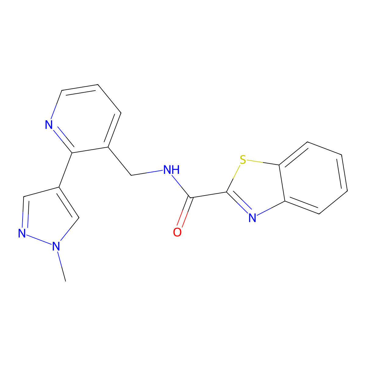 N-((2-(1-methyl-1H-pyrazol-4-yl)pyridin-3-yl)methyl)benzo[d]thiazole-2-carboxamide molecular structure, CAS 2034610-10-9