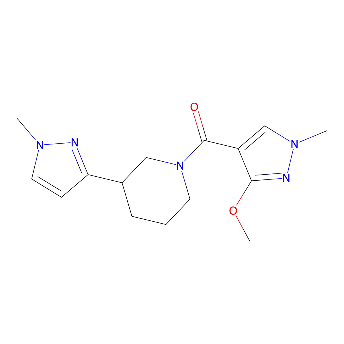 (3-methoxy-1-methyl-1H-pyrazol-4-yl)(3-(1-methyl-1H-pyrazol-3-yl)piperidin-1-yl)methanone molecular structure, CAS 2034610-13-2