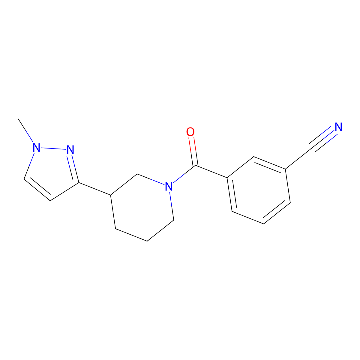 3-[3-(1-methyl-1H-pyrazol-3-yl)piperidine-1-carbonyl]benzonitrile molecular structure, CAS 2034610-25-6