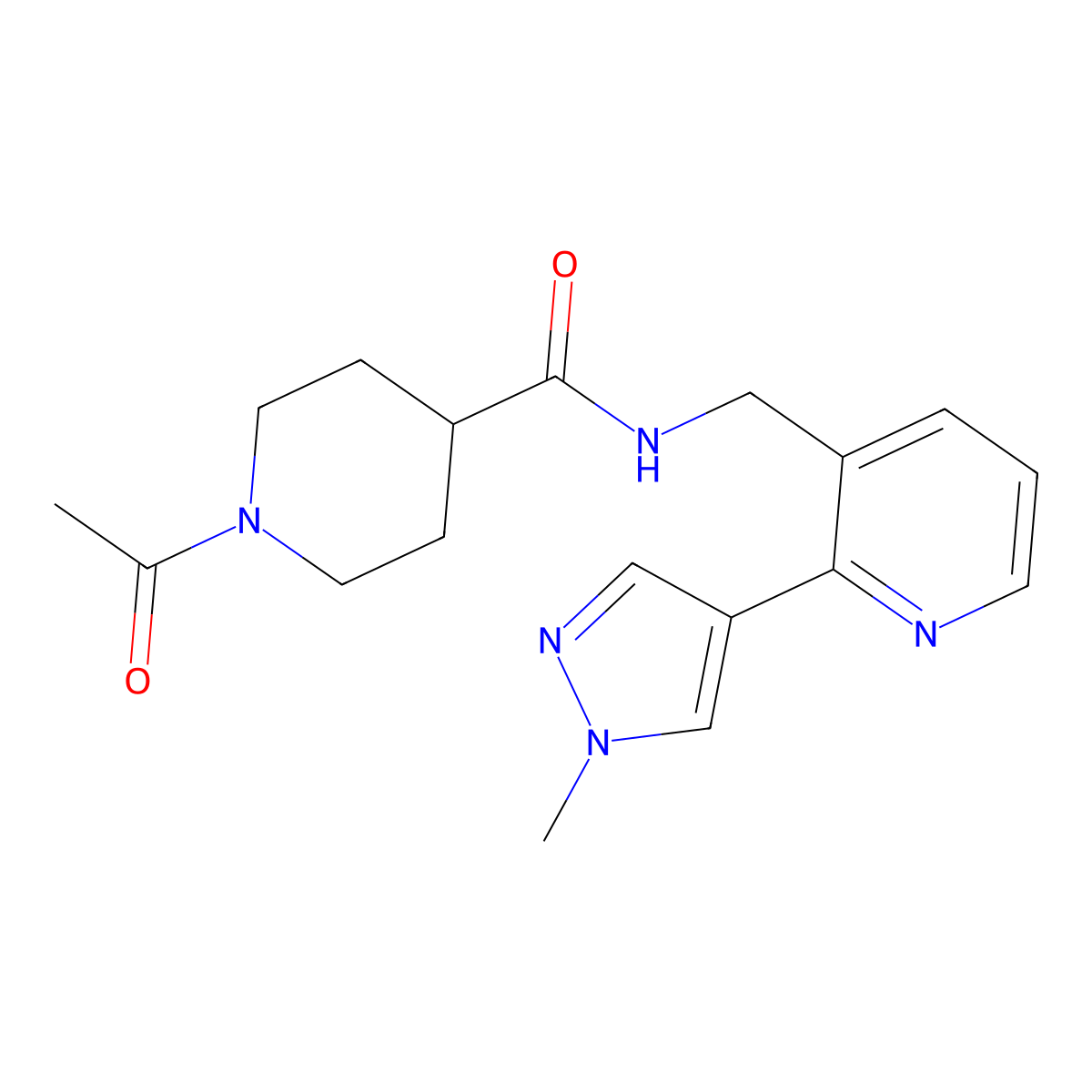 1-acetyl-N-{[2-(1-methyl-1H-pyrazol-4-yl)pyridin-3-yl]methyl}piperidine-4-carboxamide molecular structure, CAS 2034610-30-3