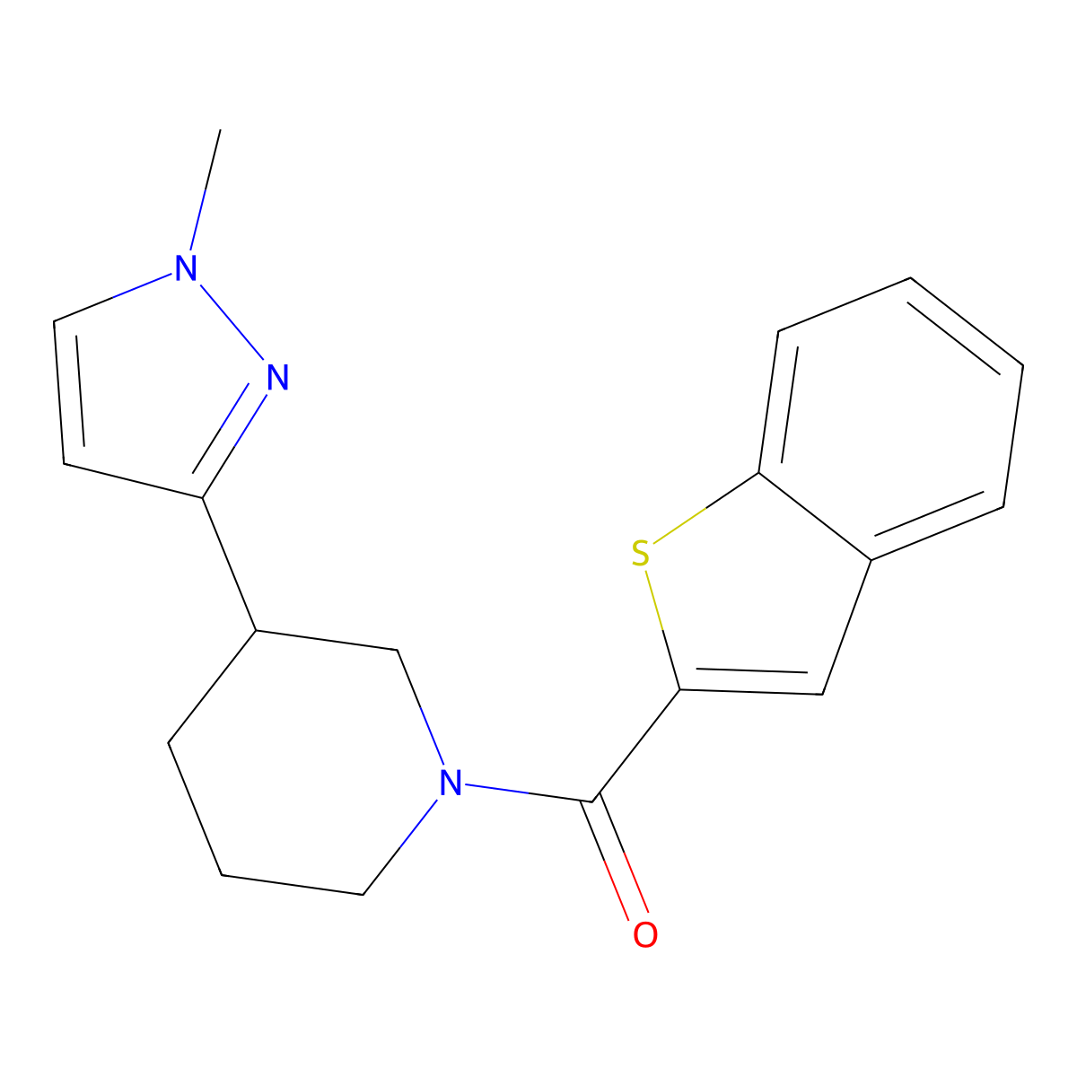 benzo[b]thiophen-2-yl(3-(1-methyl-1H-pyrazol-3-yl)piperidin-1-yl)methanone molecular structure, CAS 2034610-31-4