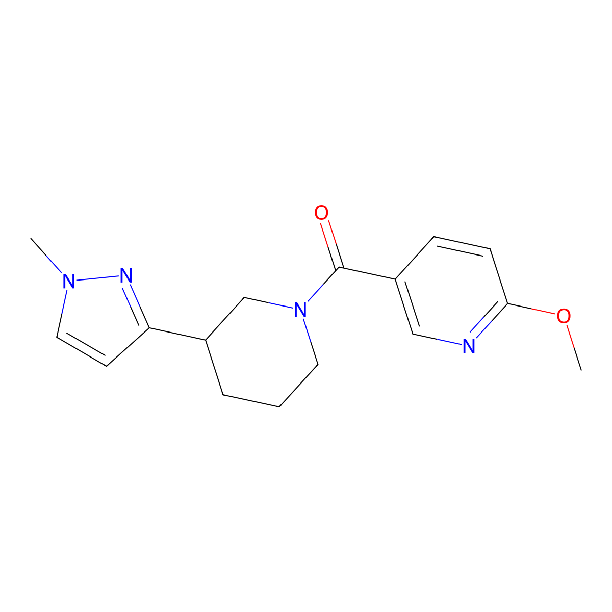 (6-methoxypyridin-3-yl)(3-(1-methyl-1H-pyrazol-3-yl)piperidin-1-yl)methanone molecular structure, CAS 2034610-38-1