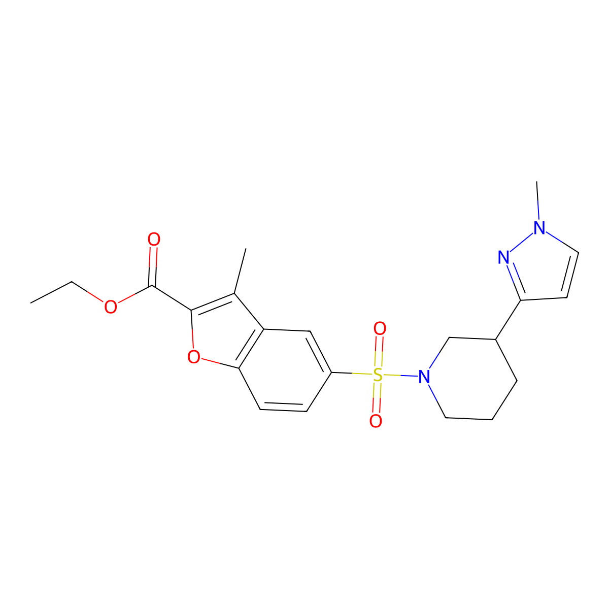 ethyl 3-methyl-5-((3-(1-methyl-1H-pyrazol-3-yl)piperidin-1-yl)sulfonyl)benzofuran-2-carboxylate molecular structure, CAS 2034610-59-6
