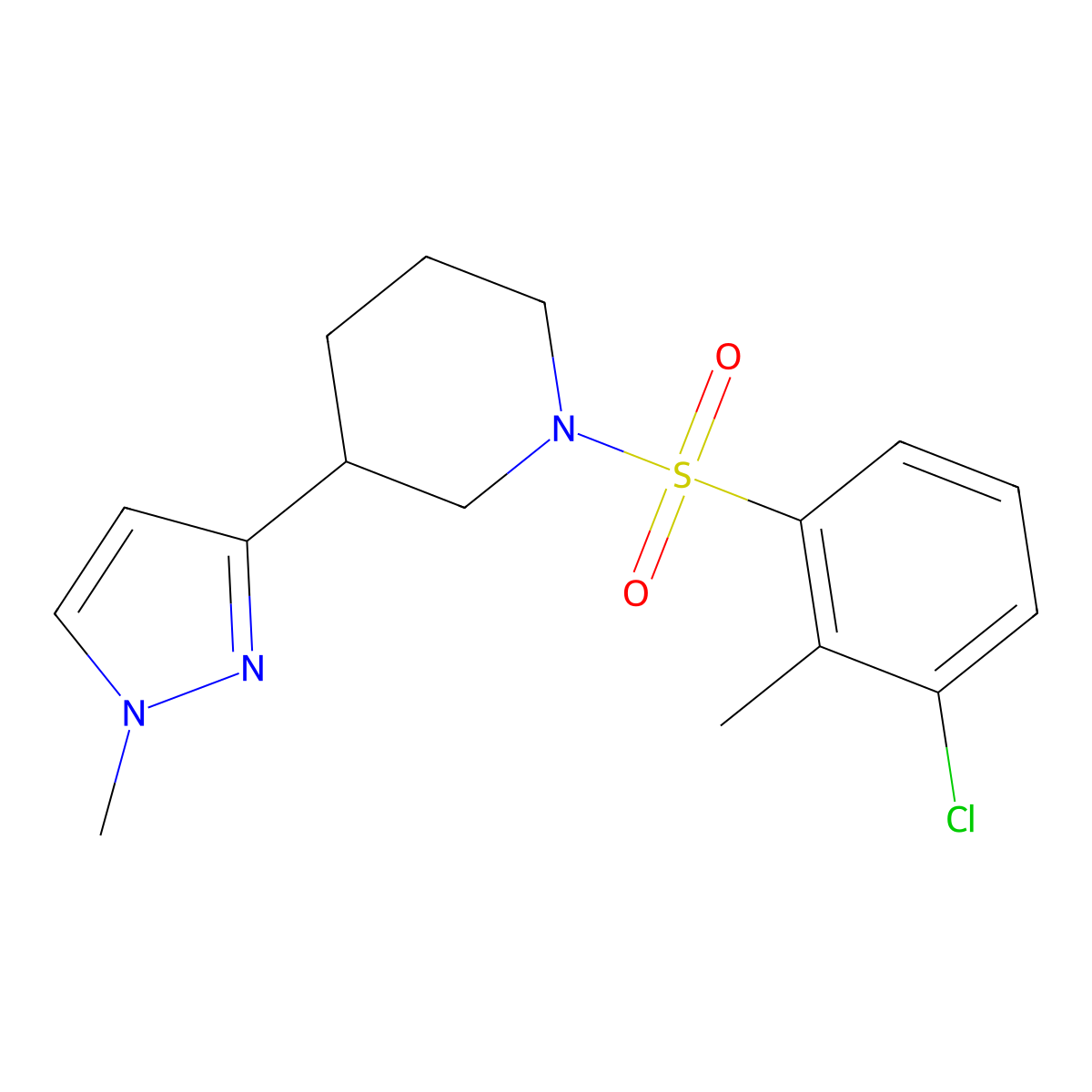 1-((3-chloro-2-methylphenyl)sulfonyl)-3-(1-methyl-1H-pyrazol-3-yl)piperidine molecular structure, CAS 2034610-65-4