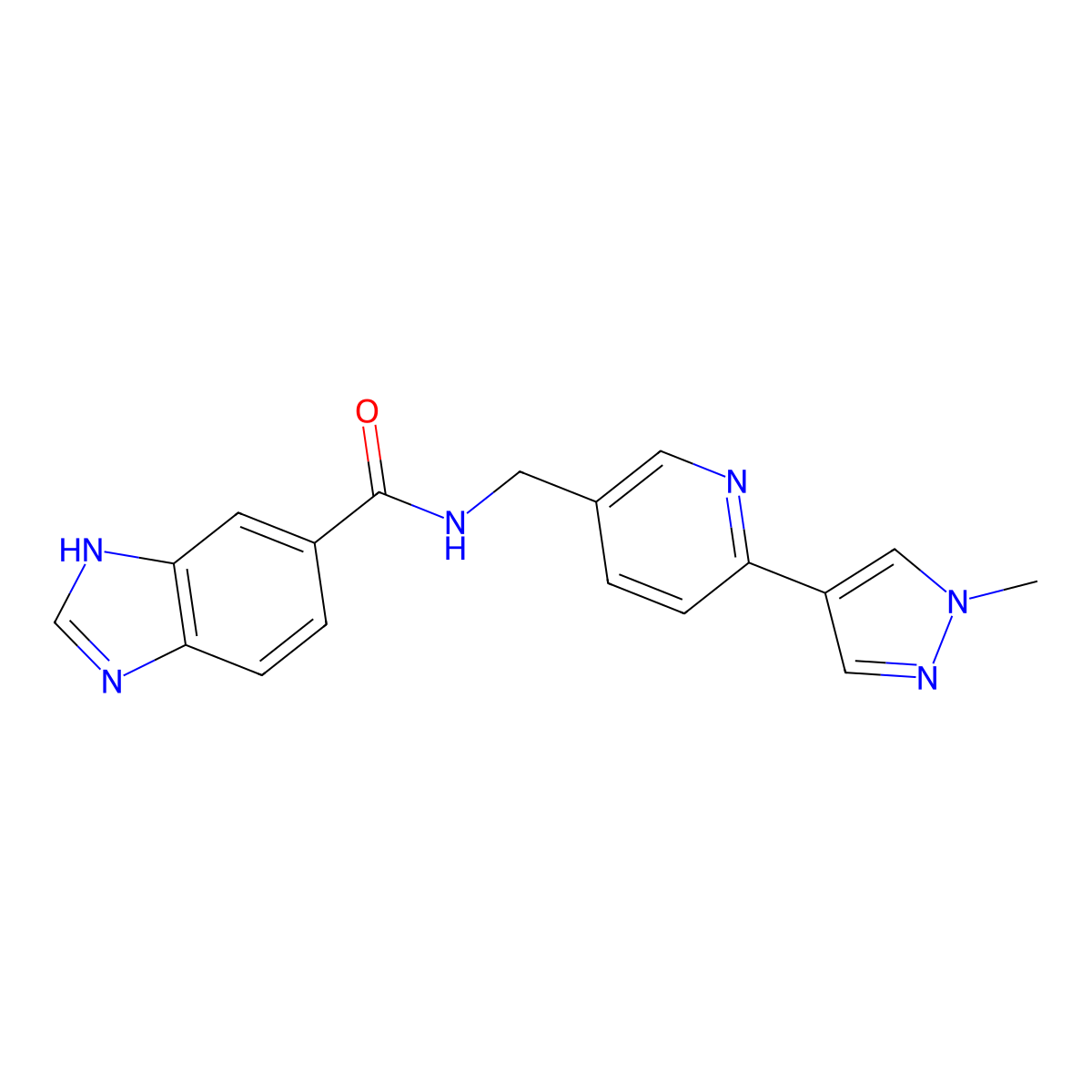 N-((6-(1-methyl-1H-pyrazol-4-yl)pyridin-3-yl)methyl)-1H-benzo[d]imidazole-5-carboxamide molecular structure, CAS 2034610-70-1
