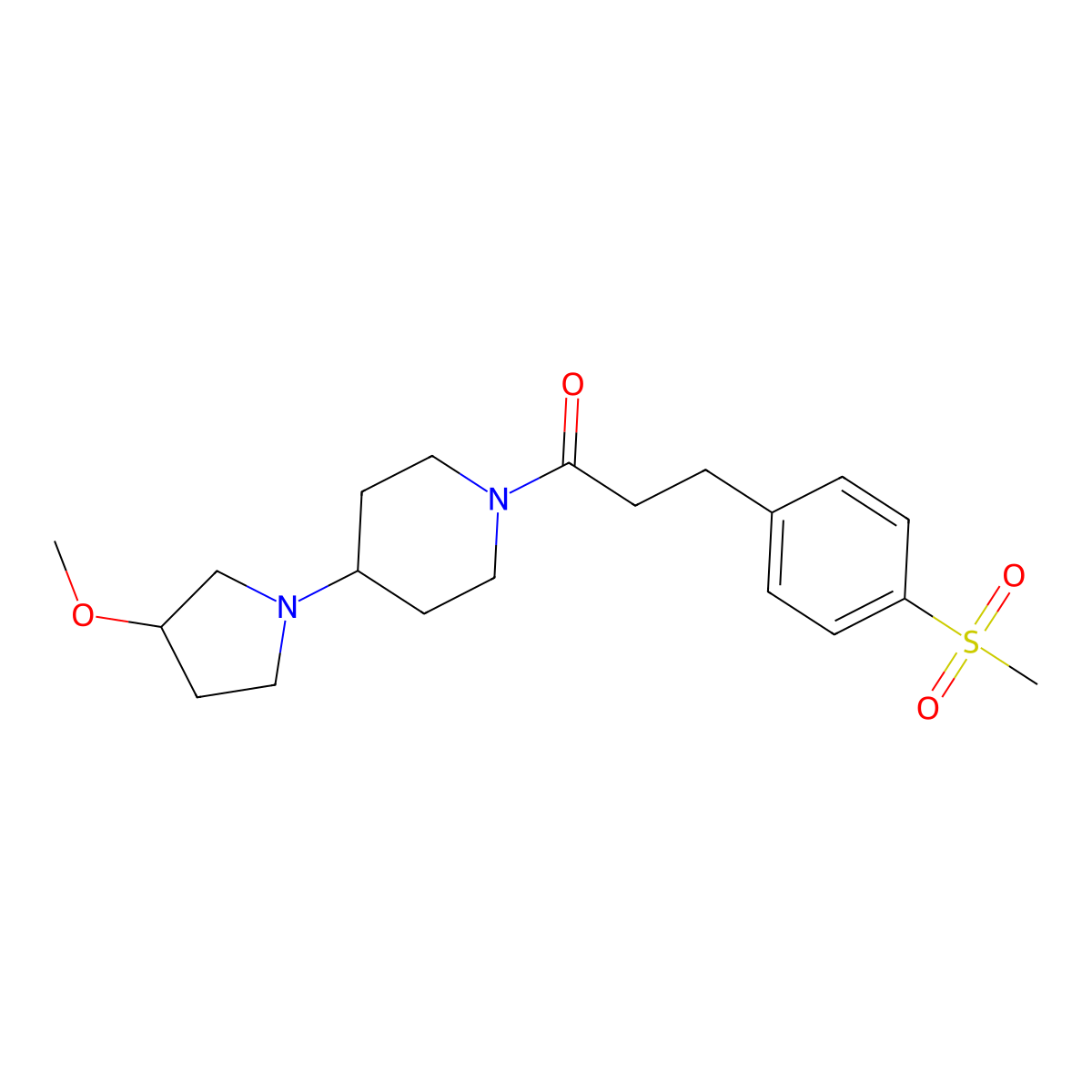 1-(4-(3-Methoxypyrrolidin-1-yl)piperidin-1-yl)-3-(4-(methylsulfonyl)phenyl)propan-1-one molecular structure, CAS 2034610-77-8